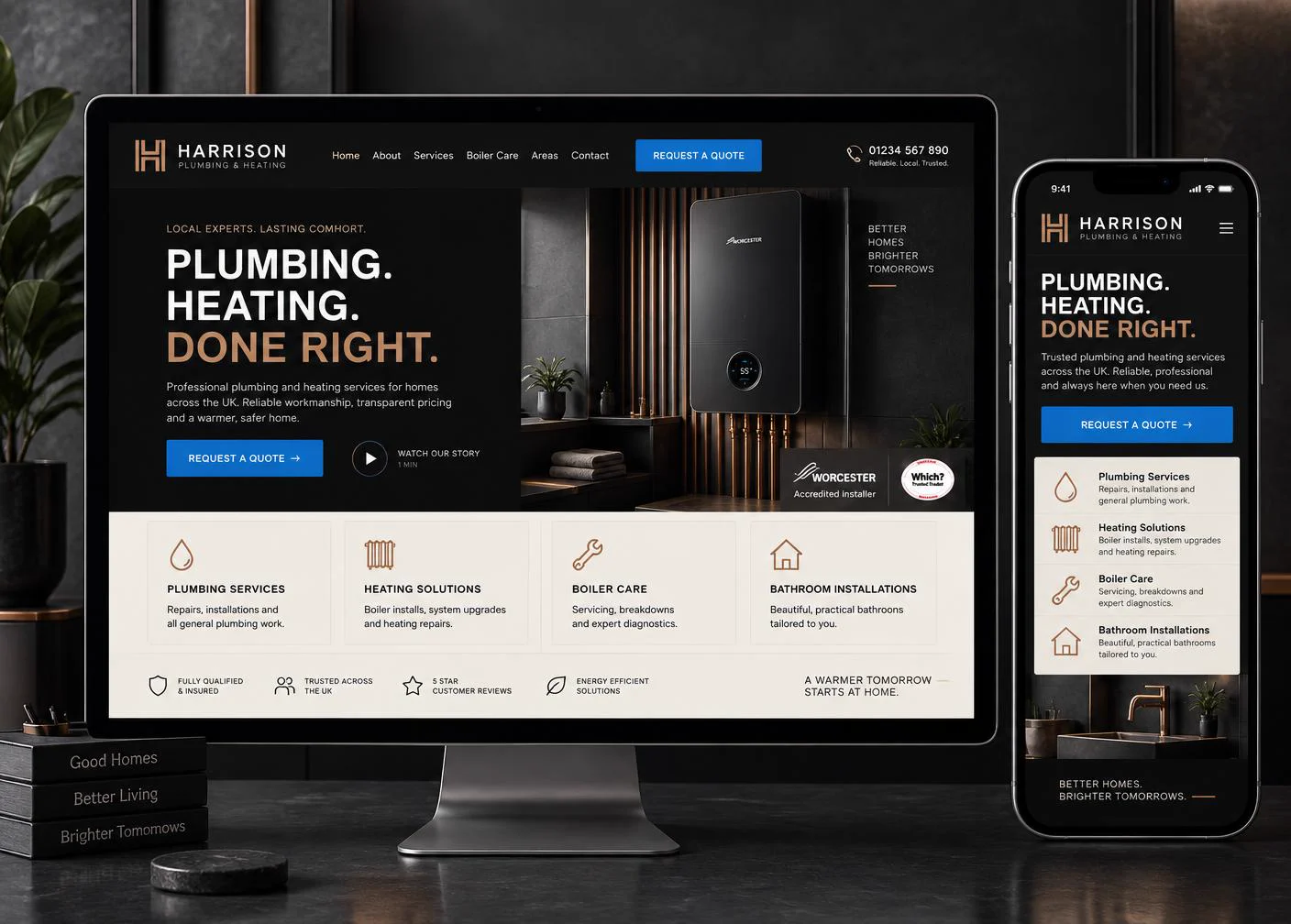 Harrison Plumbing & Heating website concept shown on desktop and mobile